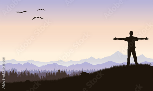 A young man against a background of mountains or a valley, looks into the distance with his arms outstretched. Mountain landscape. Vector illustration.