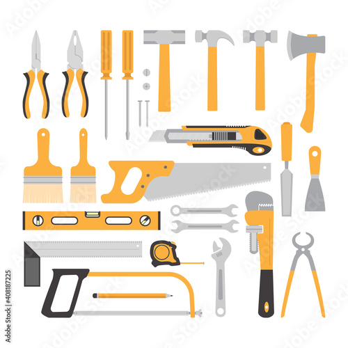 Carpentry Tools Flat Design Concept, yellow carpentry tools collection isolated on white background