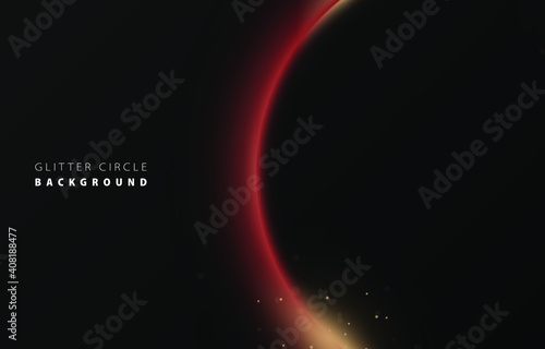 Glitter red neon circle ring frame & sparkle flash light star shimmer vector on black background, shiny glowing metal rose steel round line planet curve, futuristic web poster card print template