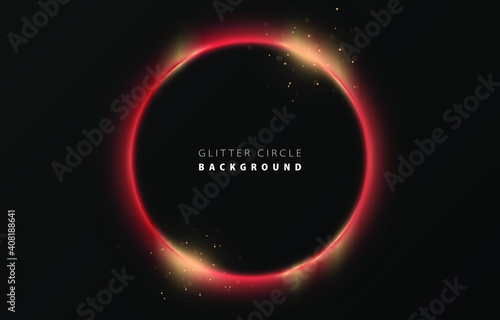 Glitter red neon circle ring frame & sparkle flash light star shimmer vector on black background, shiny glowing metal rose steel round line planet curve, futuristic web poster card print template