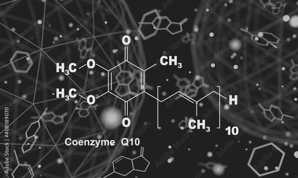 Coenzyme Q10 molecule, chemical structure. Production of cellular energy. Lines and dots connected background. 3D rendering