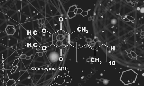 Coenzyme Q10 molecule, chemical structure. Production of cellular energy. Lines and dots connected background. 3D rendering