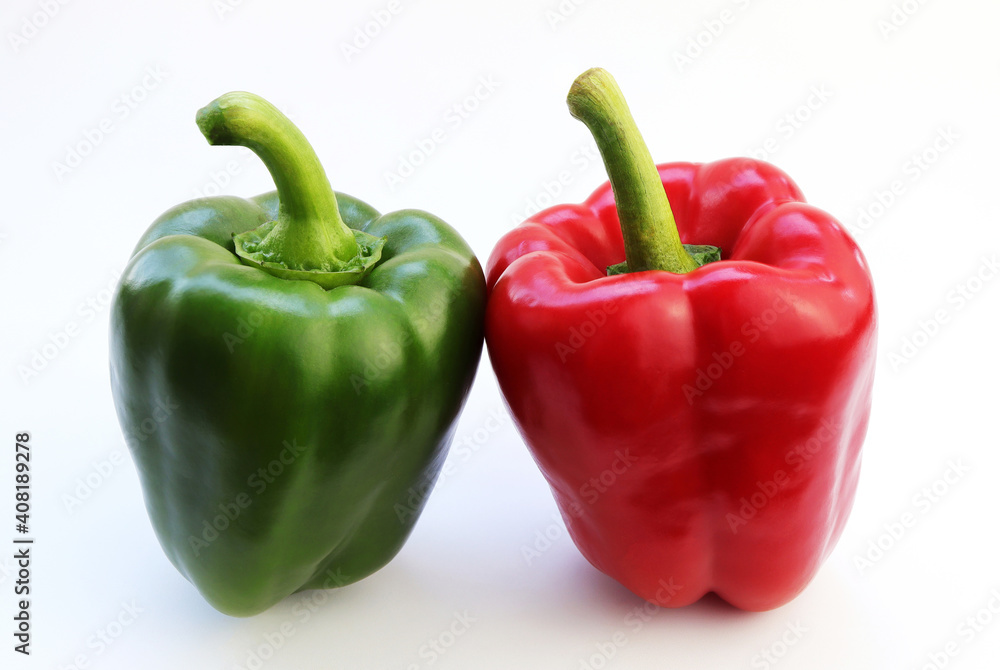 Red and Green bell peppers on white background. sweet bell peppers. Red and Green bell peppers on white background. sweet bell peppers.