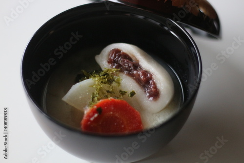 Zoni with Rice Cake stuffed with Bean Jam, Kagawa Prefecture, Japan photo