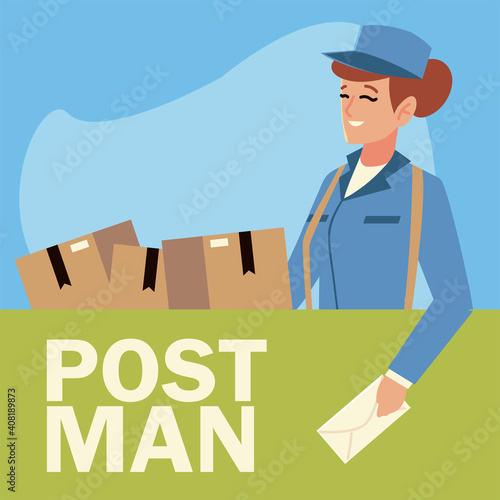 postal service female worker with envelope and boxes