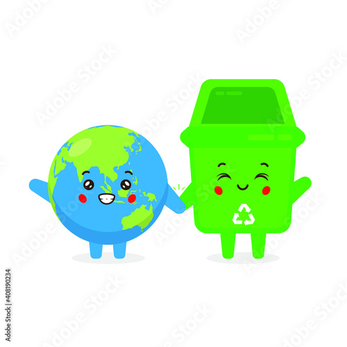 Cute Trash Bin and Earth Character with Happy Smiling