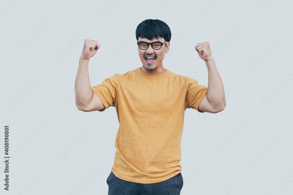Naklejka premium adult asian man.young male person wear eye glasses.posing smiling laughing look excited surprised thinking positive happy.empty,copy space for text advertising.white background.attractive fashion