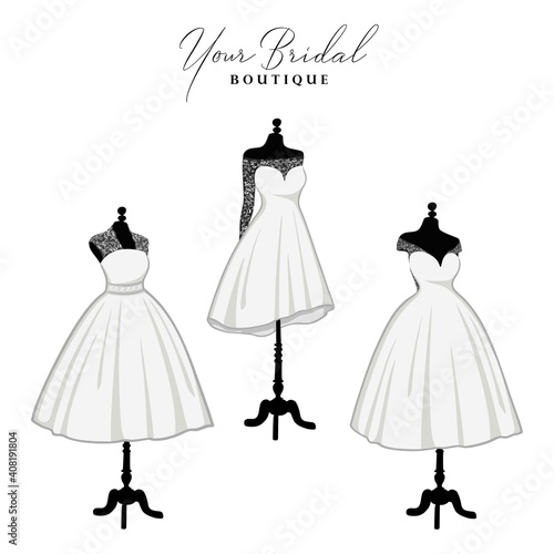 Beautiful Short Laces Dress Bridal Boutique Logo Ideas Set, Gown Logo Set, Bridesmaid Dress Vector Design Template