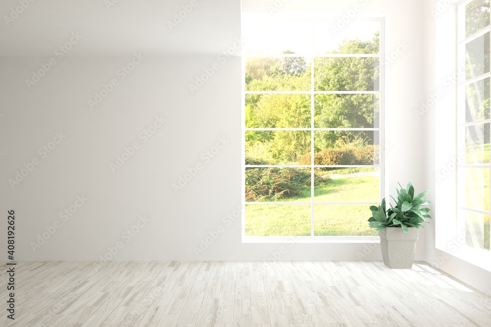 White empty room with summer landscape in window. Scandinavian interior design. 3D illustration White empty room with summer landscape in window. Scandinavian interior design. 3D illustration
