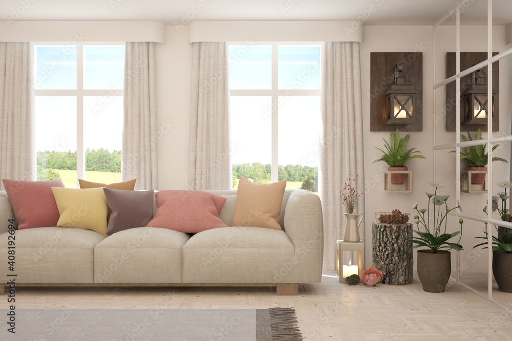 White living room with sofa and summer landscape in window. Scandinavian interior design. 3D illustration White living room with sofa and summer landscape in window. Scandinavian interior design. 3D illustration