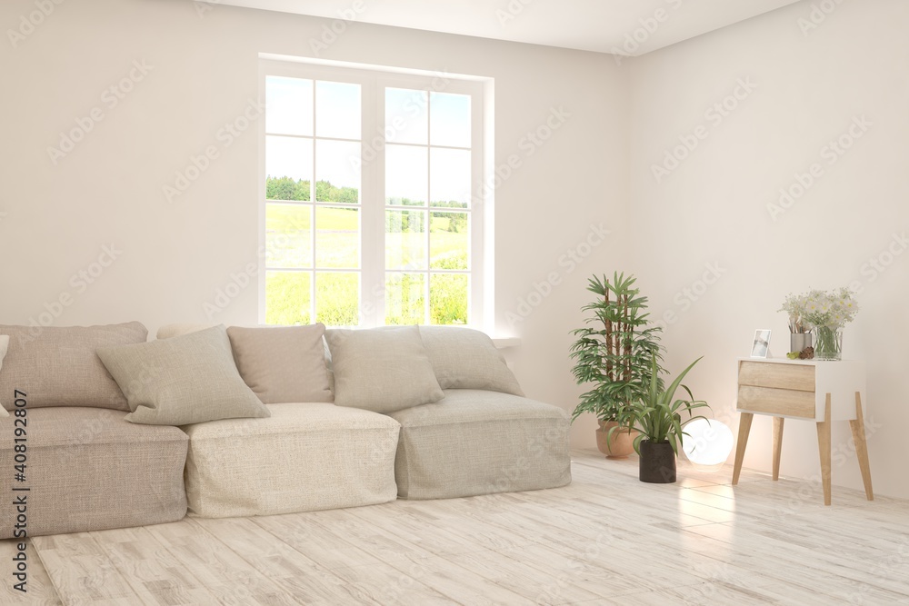 Fototapeta premium White living room with sofa. Scandinavian interior design. 3D illustration