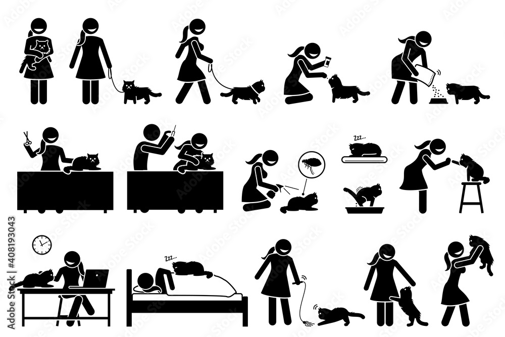 Woman with Persian cat pet stick figures. Vector illustrations of a girl or lady taking care of her pet cat by giving food, supplement, grooming, flea spray, training, playing together, and love. Woman with Persian cat pet stick figures. Vector illustrations of a girl or lady taking care of her pet cat by giving food, supplement, grooming, flea spray, training, playing together, and love.