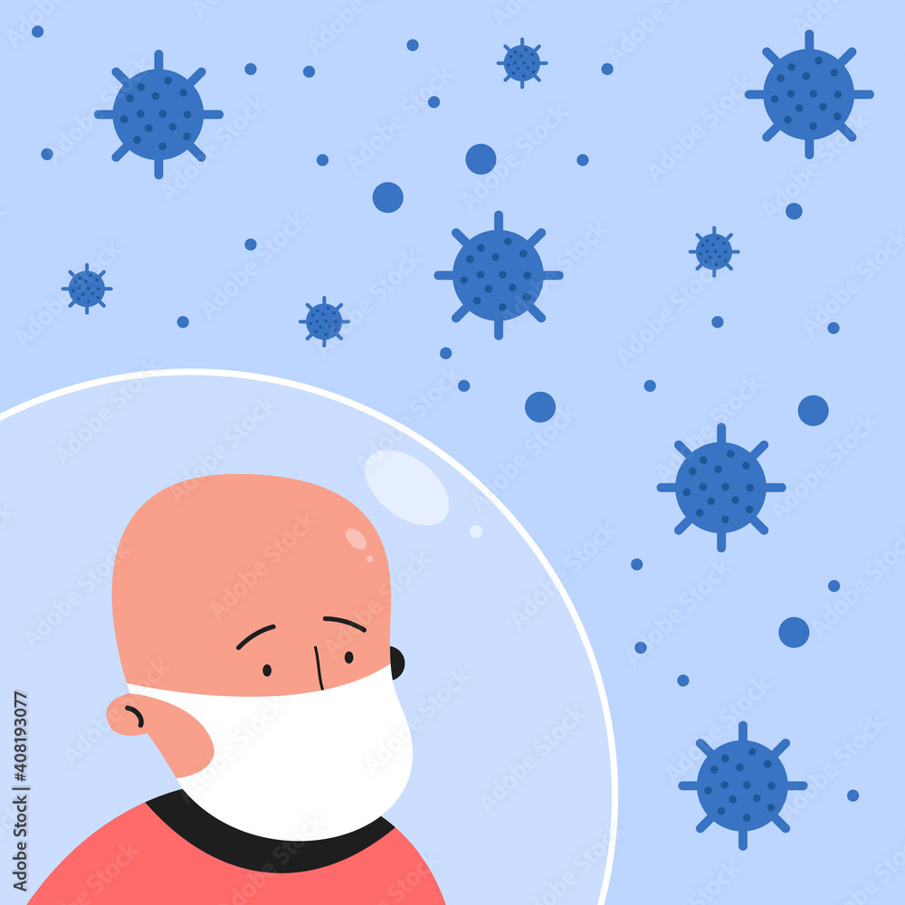 Fototapeta premium A child in a medical mask stands in a protective bubble. Children are protected from the new coronavirus.