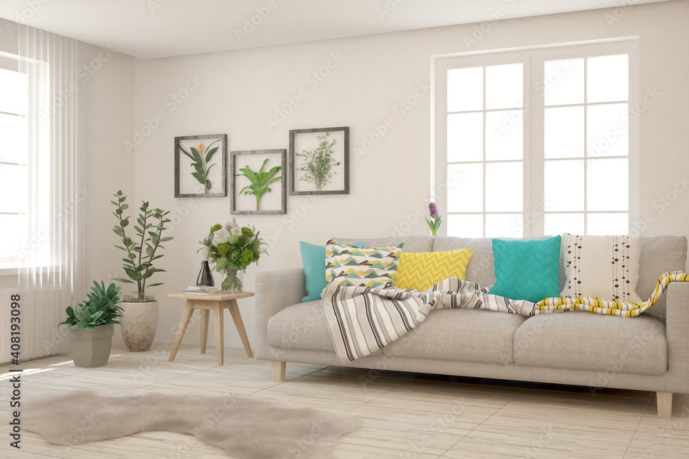 White living room with sofa. Scandinavian interior design. 3D illustration White living room with sofa. Scandinavian interior design. 3D illustration