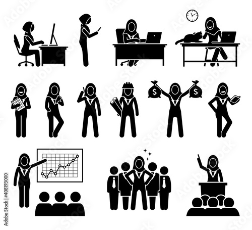 Professional modern Muslim executive businesswoman working in office. Vector of Islamic business woman wearing a hijab working with computer, talking at phone, earning money, and being leader or CEO.