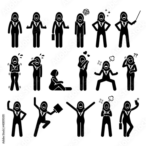 Professional modern Muslim  executive businesswoman emotions, and feelings. Vector illustrations of Islamic business woman wearing a hijab smile, cry, happy, sad, angry, love, and feel confident.