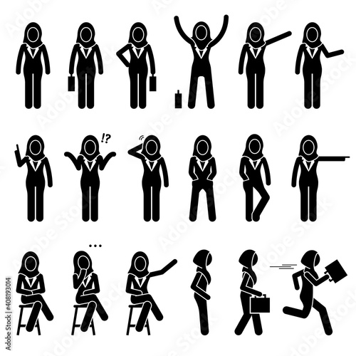 Professional modern Muslim executive businesswoman poses, postures, and actions. Vector illustrations of Islamic business woman wearing a hijab standing, talking, walking, sitting, and running.