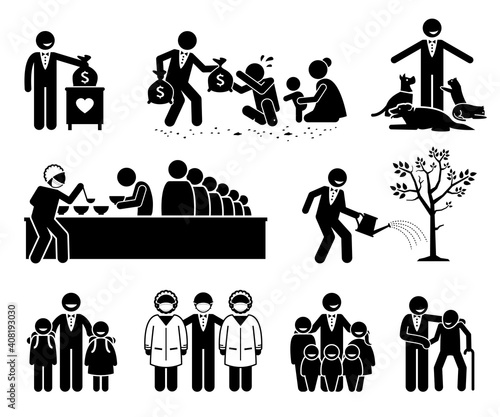 Millionaire philanthropic donation. Charity to homeless people, animal welfares, soup kitchen, green environment, school education, children foundation, hospital medical research, and old folk home.