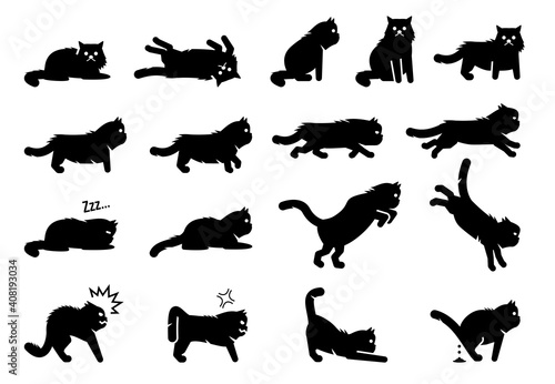 Persian cat poses, postures, emotions, and actions icons. Vector illustration of cat lie down, roll, sitting, standing, sleep, stalking, stretching, jumping, running and poop. Fierce and angry cat.