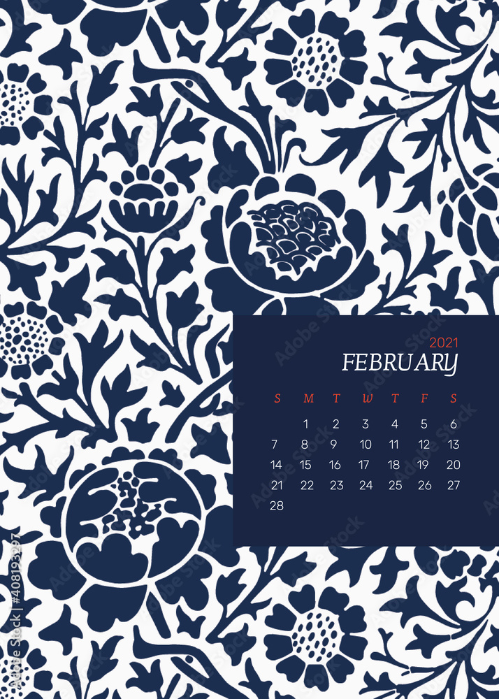 Fototapeta February 2021 editable calendar template vector with William Morris floral pattern