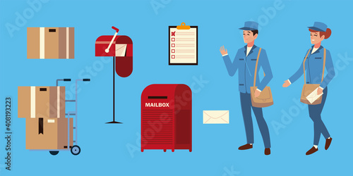 postal service man and woman worker, mailbox envelope boxes