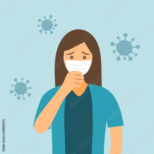 Woman coughing inside medical face mask with virus cells on background. Sick female, ill and cold, flu and virus, influenza in flat design. Female sneeze and cough. Pneumonia epidemic cartoon style.