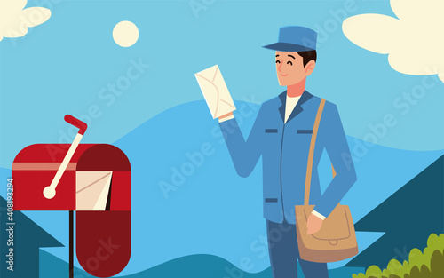 postal service postman with bag envelope and mailbox in the street
