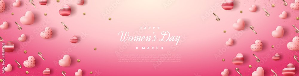 Women's day sale background with pink 3d love balloons.