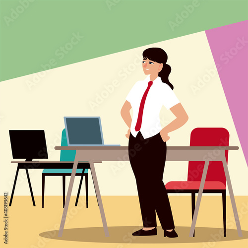 business people, businesswoman with computer desks and chair office