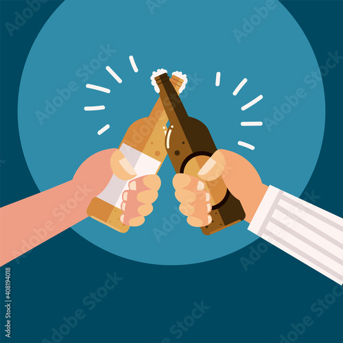 male hands with beer bottles alcohol celebration, cheers