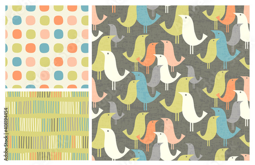 Spring mid-century modern birds seamless pattern with 2 coordinating patterns. Fresh designs for fabric, gift wrap, cards, backgrounds and decor.