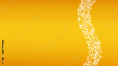 Lager beer. Background with craft splash. Oktoberfest foam. bar menu concept. Fresh pint of ale with realistic white bubbles. Cool liquid drink for Golden bottle with lager beer.