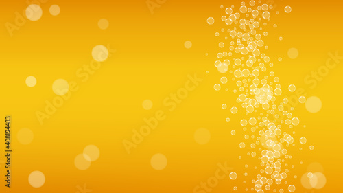 Craft beer background. Lager splash. Oktoberfest foam. Fresh pint of ale with realistic white bubbles. Cool liquid drink for pub menu concept. Golden jug with craft beer background.