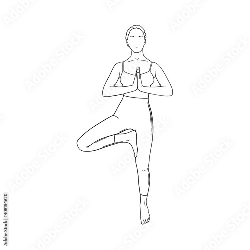 Yoga tree pose or Vrikshasana. Female relaxing yoga pose. Sketch vector illustration isolated on white background