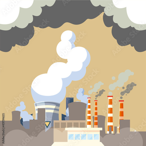 polluted air, soil and water, factory pollutes the environment with smoke
