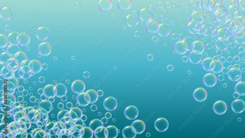 Bubble foam. Detergent and shampoo suds for bath. Soap. 3d vector illustration invite. Minimal spray and splash. Realistic water frame and border. Blue colorful liquid bubble foam.