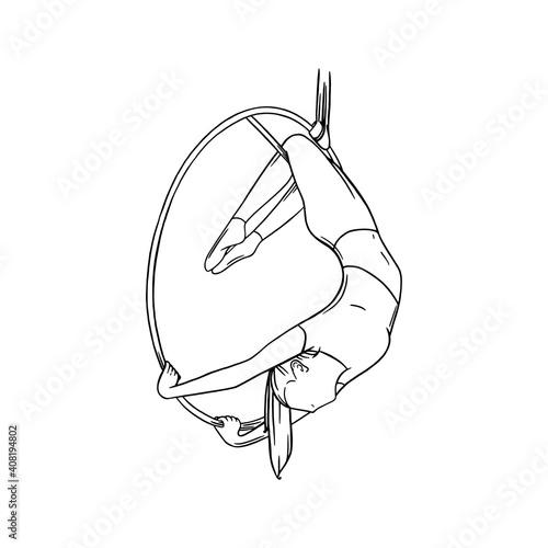 Aerial female gymnast in hoop. Aerial gymnastics stunt. Sketch vector illustration isolated on white background