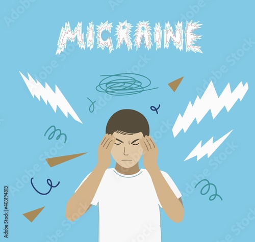 Man with migraine headache and aura. Vector illustration