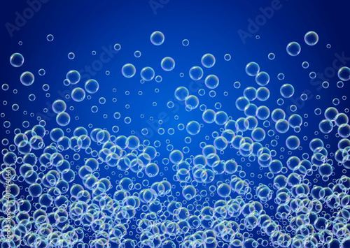 Shampoo bubble. Detergent bath foam, suds and soap for bathtub. 3d vector illustration flyer. Minimal fizz and splash. Realistic water frame and border. Blue colorful liquid shampoo bubble.