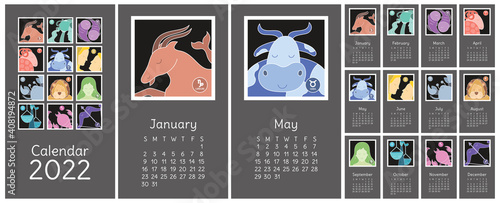 Calendar 2022. Zodiac signs: aquarius, libra, leo, taurus, cancer, pisces, virgo, capricorn, sagittarius, aries, gemini, scorpio. Astrological calender. Color vector horoscope. Ready design
