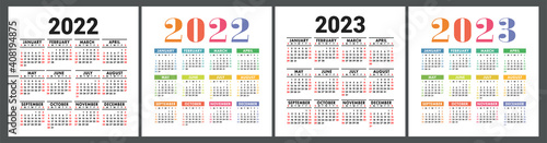 Calendars 2022 and 2023. English colorful vector set. Square wall or pocket calender template. Design collection. New year. Week starts on Sunday