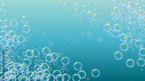 Bubble foam. Detergent and shampoo suds for bath. Soap. 3d vector illustration invite. Minimal spray and splash. Realistic water frame and border. Blue colorful liquid bubble foam.