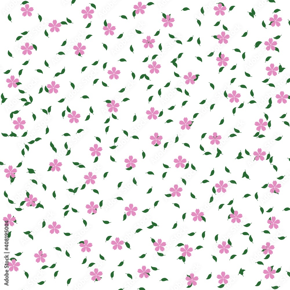 Pink cherry blossoms with green leaves on a white background.
