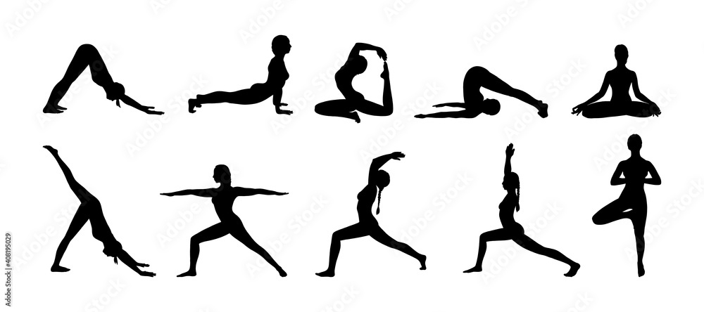 Yoga asana set. Set of woman black silhouettes exercising yoga illustrations. Hand drawn sketch vector illustration isolated on white background