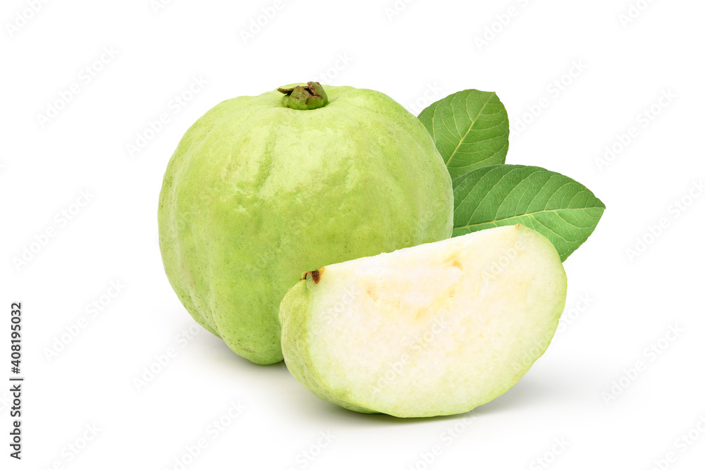 Guava fruit with sliced and leaf isolated on white background. Clipping path. Guava fruit with sliced and leaf isolated on white background. Clipping path.