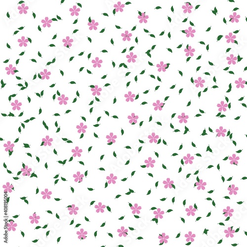 Pink cherry blossoms with green leaves on a white background.