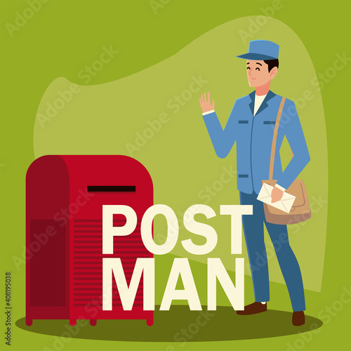 postal service postman character with bag and mailbox