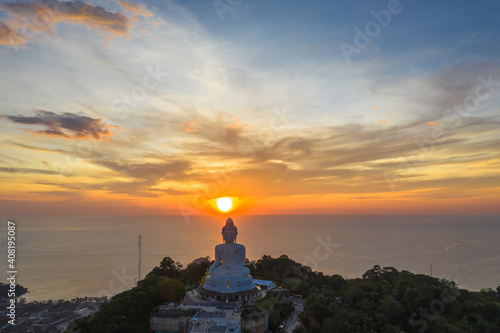 aerial photography scenery sunset at Phuket big Buddha. Phuket Big Buddha is one of the island most .important and revered landmarks on Phuket island.