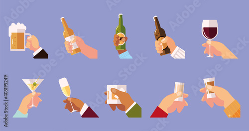 hands holds glasses cup bottles drinks cheers