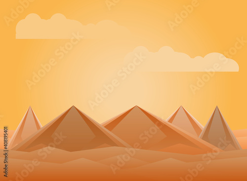 Polygonal landscape of desert mountains and clouds vector design